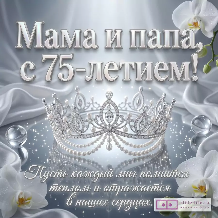 Бриллиантовая корона с жемчугом, белые орхидеи на серебристом шелке и надпись «Мама и папа, с 75-летием! Пусть каждый миг полнится теплом и отражается в наших сердцах.»