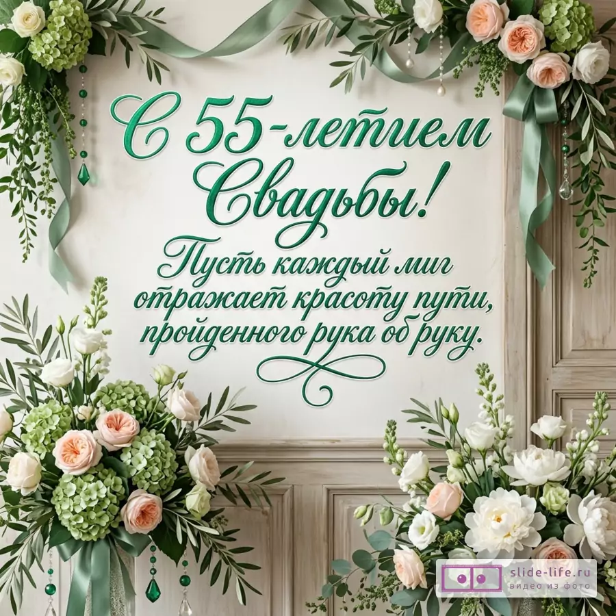 Открытка с текстом «С 55-летием Свадьбы! Пусть каждый миг отражает красоту пути, пройденного рука об руку.» на кремовом фоне, зеленые ленты, белые и персиковые розы, зеленые цветы, листья, деревянная рама