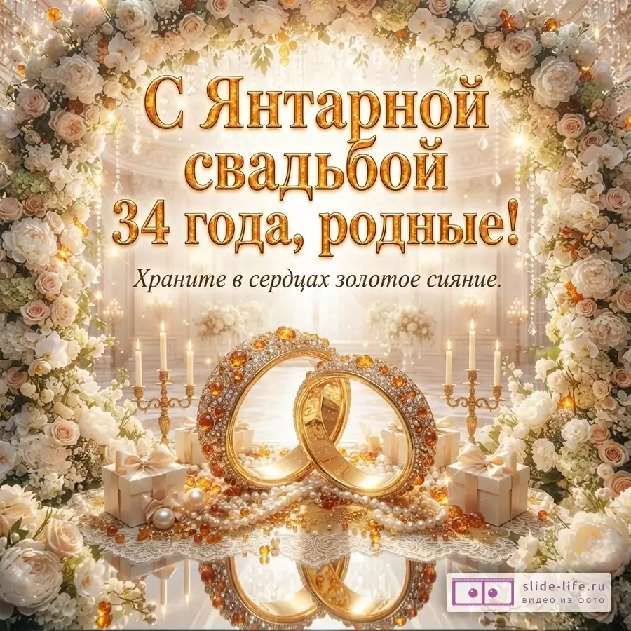 Открытка с золотыми буквами на фоне цветочной арки. Внизу два золотых кольца с янтарными вставками, жемчуг, подарки и свечи. Текст: «С Янтарной свадьбой 34 года, родные! Храните в сердцах золотое сияние.»