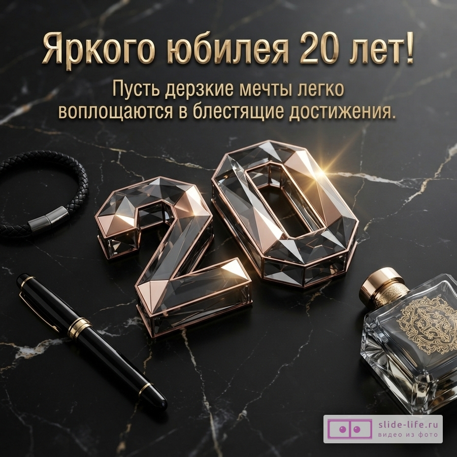 Граненые цифры 20 на черном мраморе рядом с ручкой, браслетом и духами с надписью «Яркого юбилея 20 лет! Пусть дерзкие мечты легко воплощаются в блестящие достижения.»