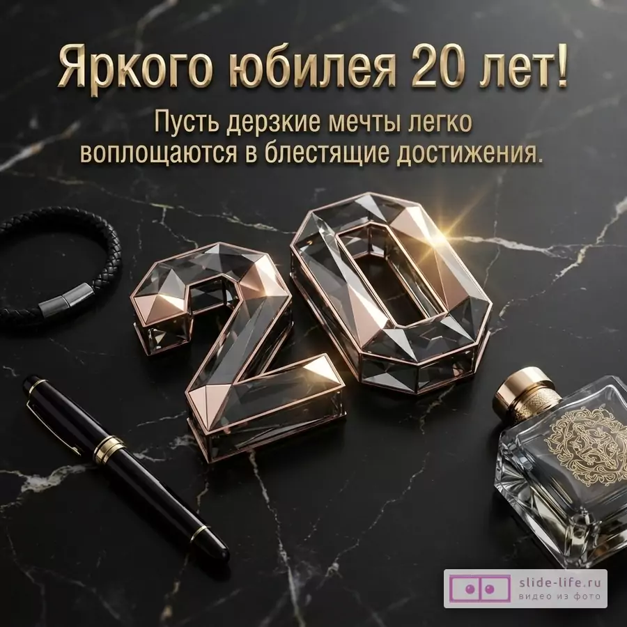 Граненые цифры 20 на черном мраморе рядом с ручкой, браслетом и духами с надписью «Яркого юбилея 20 лет! Пусть дерзкие мечты легко воплощаются в блестящие достижения.»