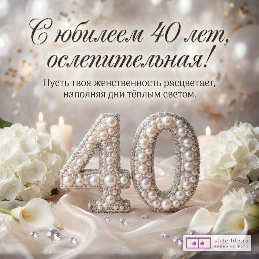 Открытка с белым фоном, воздушными шарами и цветами. В центре крупные цифры «40» из жемчуга. Текст: «С юбилеем 40 лет, ослепительная! Пусть твоя женственность расцветает, наполняя дни тёплым светом.»