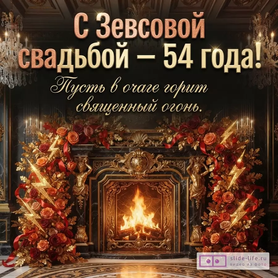Темный фон, роскошный камин с огнем, золотой декор, красные и оранжевые цветы, текст «С Зевсовой свадьбой — 54 года! Пусть в очаге горит священный огонь.»