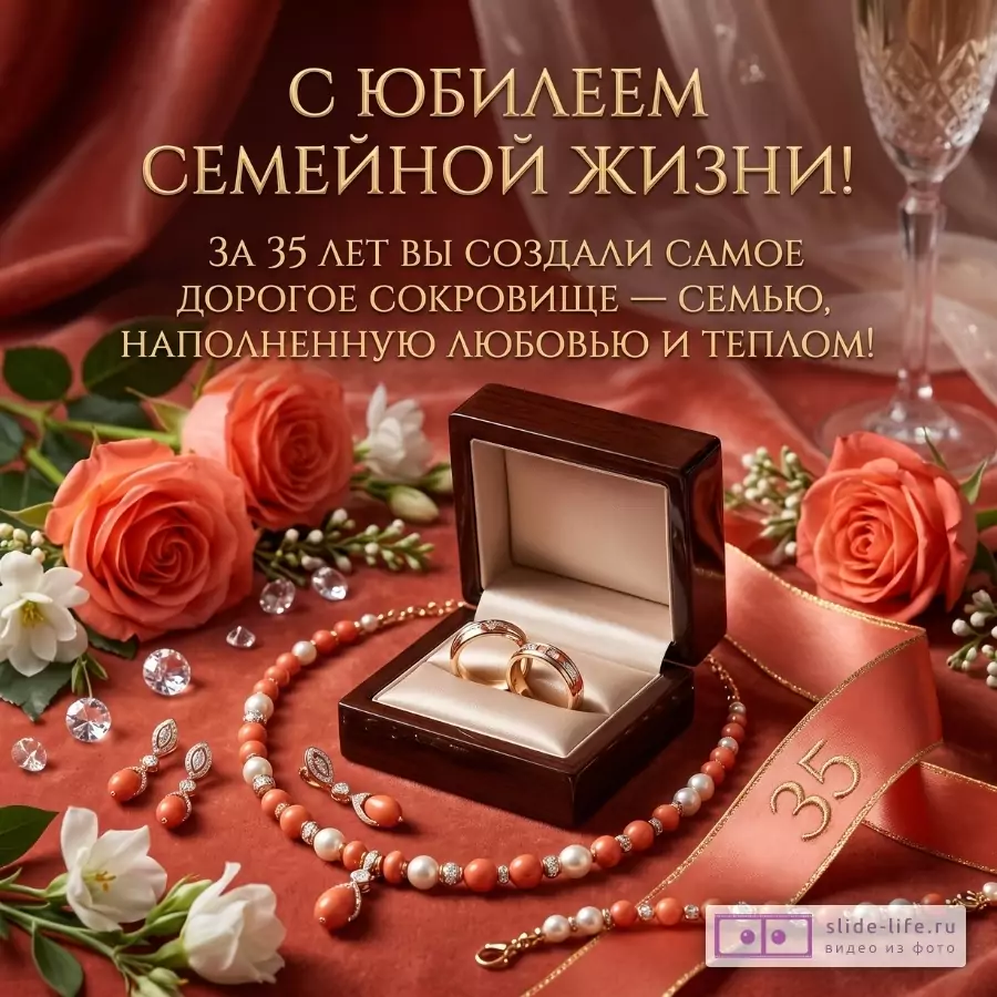 Кораллово-красный фон, розы, кольца в футляре, жемчуг, лента «35»; текст: «С ЮБИЛЕЕМ СЕМЕЙНОЙ ЖИЗНИ!», «ЗА 35 ЛЕТ... ЛЮБОВЬЮ И ТЕПЛОМ!»