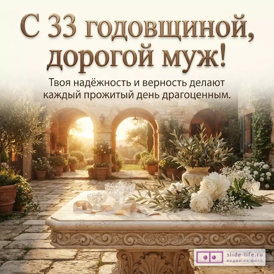 Открытка с бежевым фоном, на переднем плане каменный стол с цветами и хрустальными вазочками, на заднем плане арки и солнечный свет. Текст: «С 33 годовщиной, дорогой муж! Твоя надёжность и верность делают каждый прожитый день драгоценным.»
