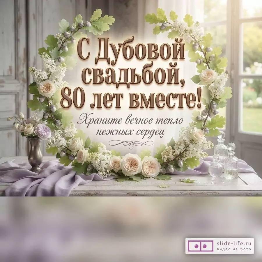 Венок из дубовых ветвей с желудями и белых роз на светлом деревянном столе с надписью «С Дубовой свадьбой, 80 лет вместе! Храните вечное тепло нежных сердец».