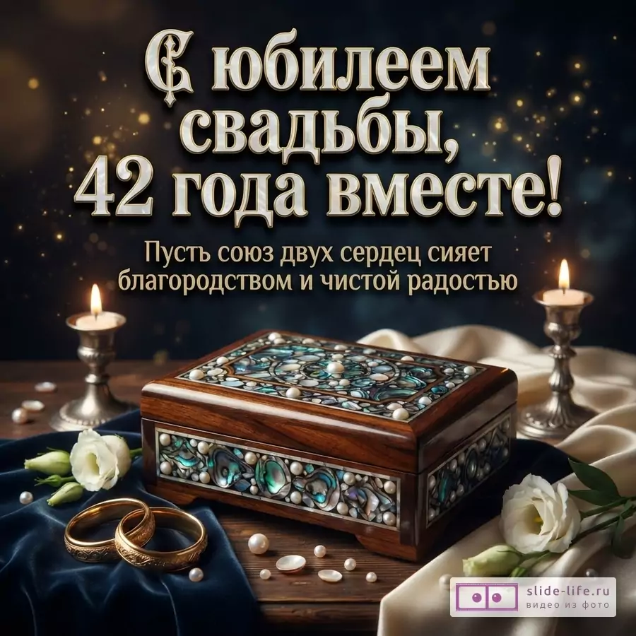 Темный фон с золотистыми бликами, две горящие свечи по бокам, деревянная шкатулка с перламутром и жемчугом, два золотых кольца, белые цветы, жемчужины. Текст: «С юбилеем свадьбы, 42 года вместе! Пусть союз двоих сердец сияет благородством и чистой радостью.»
