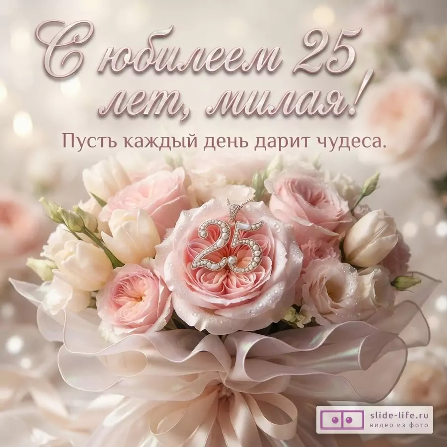 Букет из розовых роз и белых тюльпанов с кулоном в виде числа 25 и надписью «С юбилеем 25 лет, милая! Пусть каждый день дарит чудеса.»