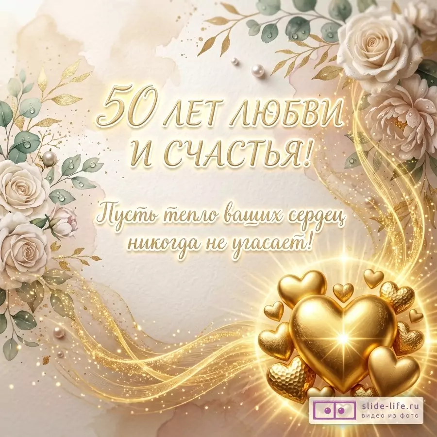 Бежево-золотой фон с цветочными ветвями, жемчугом и золотыми сердцами. Текст «50 лет любви и счастья! Пусть тепло ваших сердец никогда не угасает!»