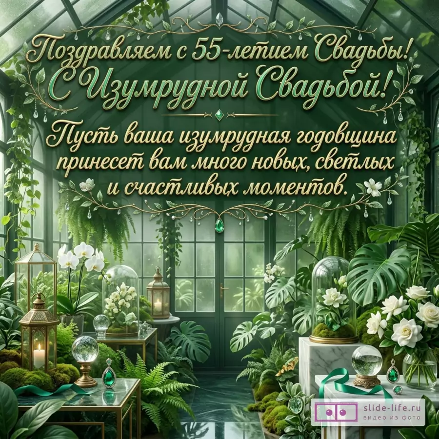 Открытка с текстом «С замечательной датой! 55 лет Союзу! Пусть изумрудная годовщина подарит вам множество новых, светлых и счастливых мгновений.» зеленый фон, оранжерея, белые орхидеи, листья, фонари, изумрудные украшения, кристаллы