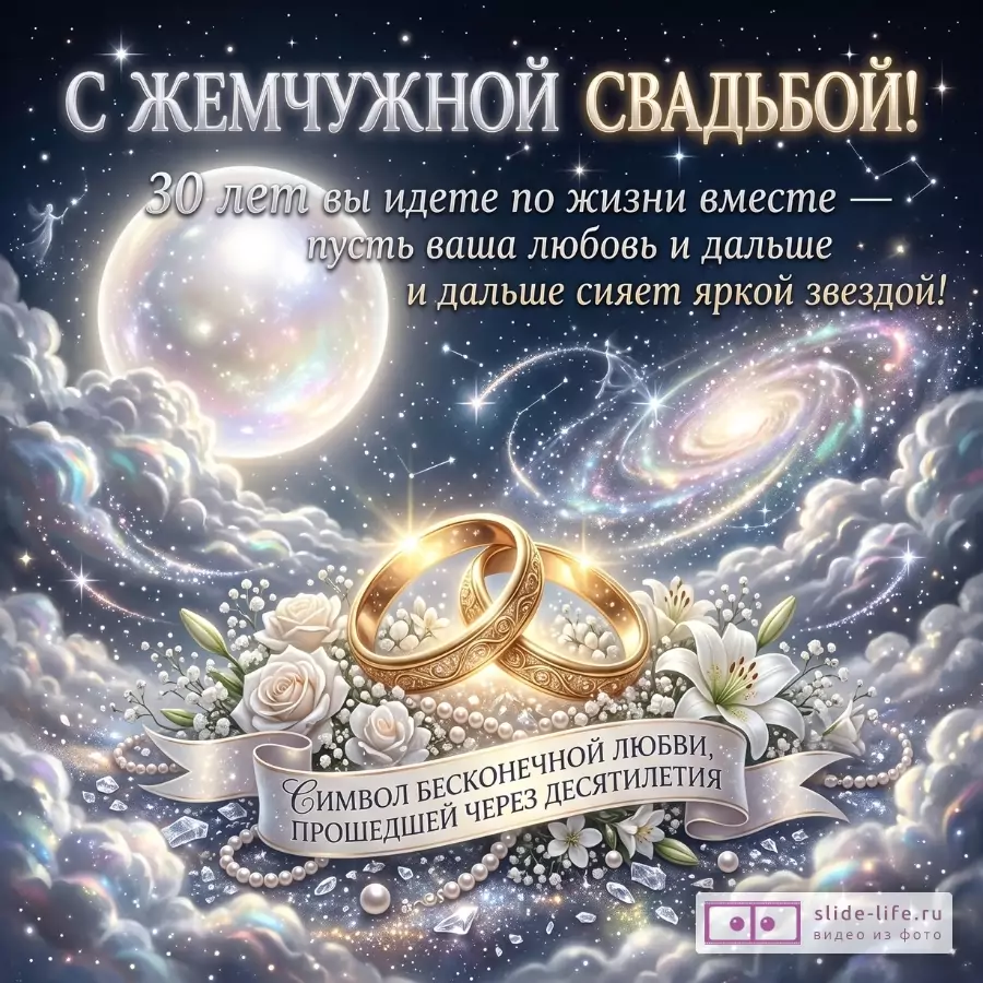 Темно-синий звездный фон, луна, галактика, облака, золотые кольца, белые цветы и лента с текстом «Символ бесконечной любви, прошедшей через десятилетия», надпись «С ЖЕМЧУЖНОЙ СВАДЬБОЙ!»
