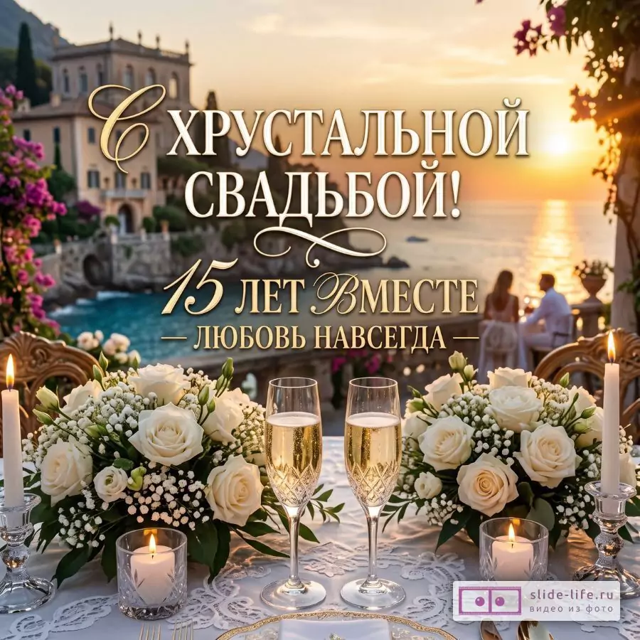 Хрустальная свадьба 15 лет — роскошная открытка с поздравлением супругам