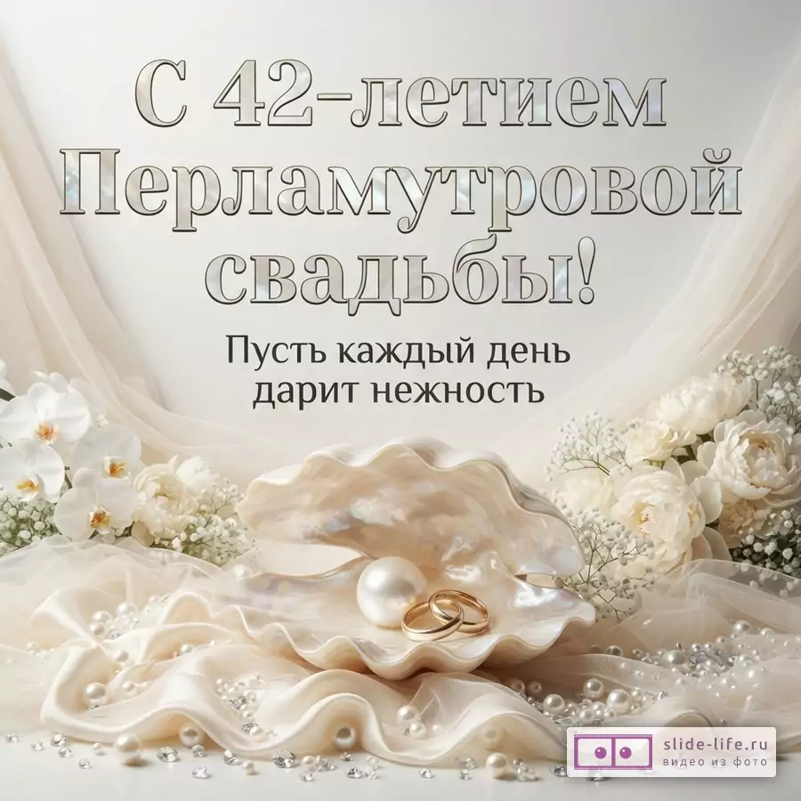 Светлый фон, бежевая драпировка, белые цветы, открытая перламутровая раковина с жемчужиной и двумя золотыми кольцами, рассыпанные жемчужины и стразы. Текст: «С 42-летием Перламутровой свадьбы! Пусть каждый день дарит нежность»