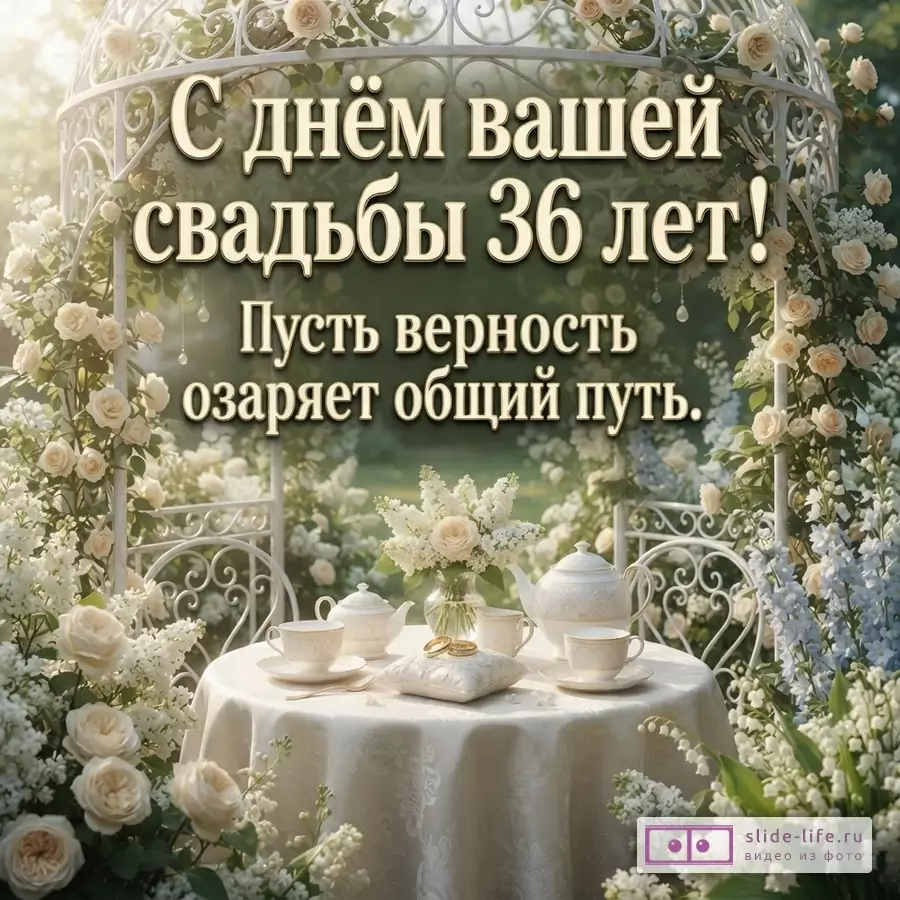 Белая беседка, увитая белыми и кремовыми розами, на фоне зеленого сада. На переднем плане круглый стол с белой скатертью, на нем чайный сервиз и подушечка с двумя золотыми кольцами. Текст: «С днём вашей свадьбы 36 лет! Пусть верность озаряет общий путь.»