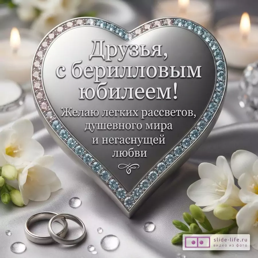 Металлическое сердце с кристаллами, обручальные кольца, белые цветы и надпись «Друзья, с бериллиевым юбилеем! Желаю легких рассветов, душевного мира и негаснущей любви.» на шелковой ткани со свечами.