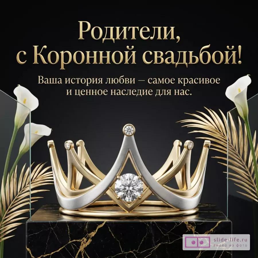 Золотая корона с бриллиантом на черном мраморном пьедестале, белые каллы и текст «Родители, с Коронной свадьбой! Ваша история любви — самое красивое и ценное наследие для нас.»