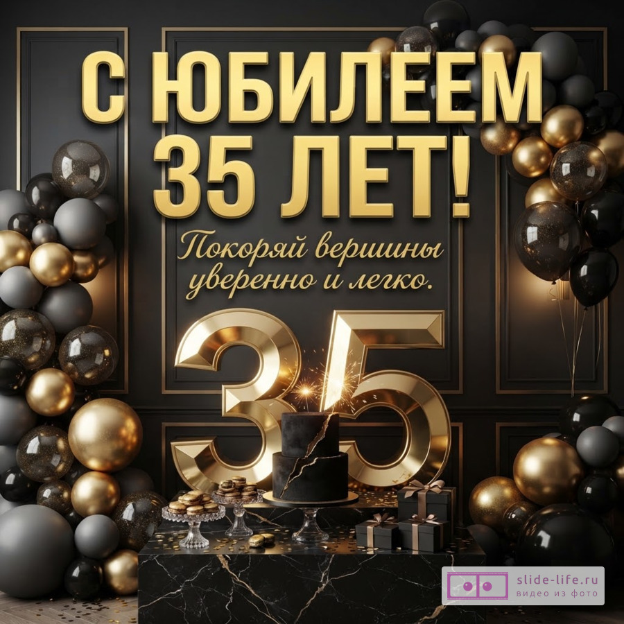 Черный фон с золотыми и черными шарами, золотые цифры 35, торт и надпись «С ЮБИЛЕЕМ 35 ЛЕТ! Покоряй вершины уверенно и легко».