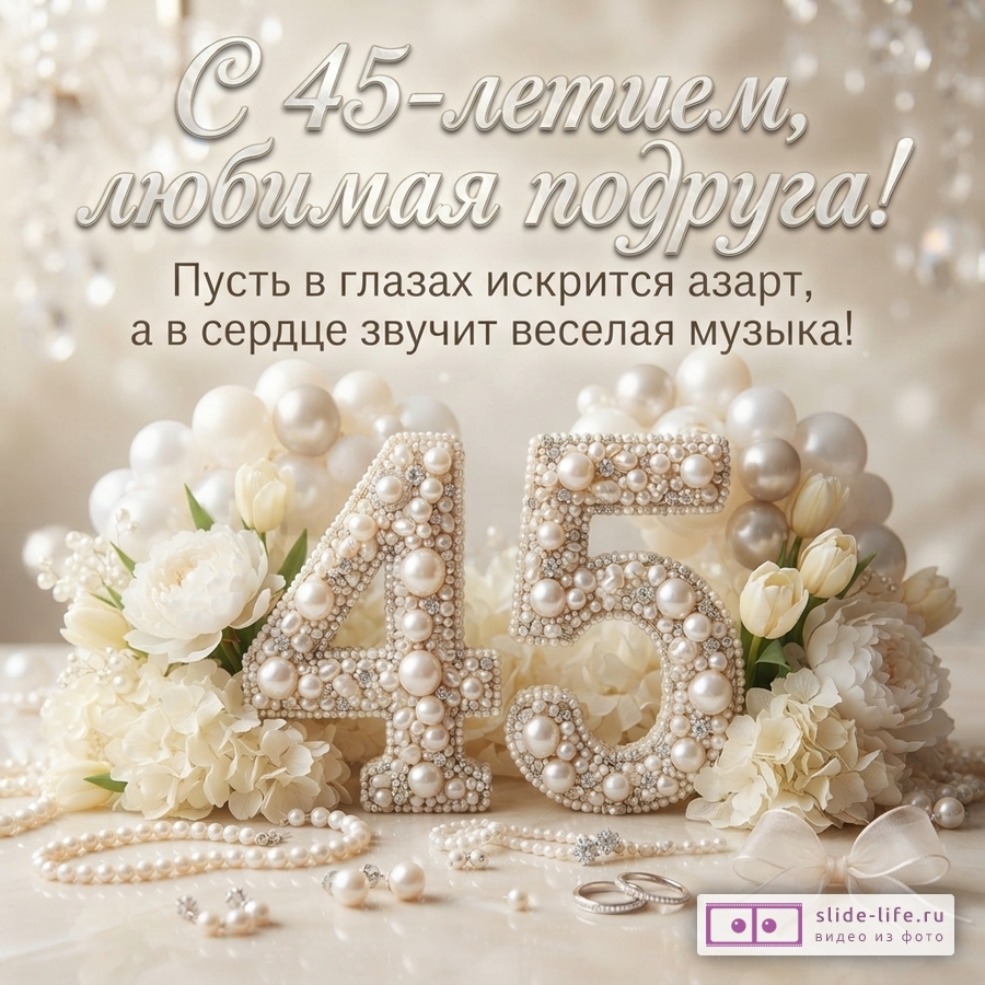 Бежевый фон, надпись сверху «С 45-летием, любимая подруга! Пусть в глазах искрится азарт, а в сердце звучит веселая музыка!», крупные цифры 45 из жемчуга и страз, белые цветы, жемчужные бусы и кольца