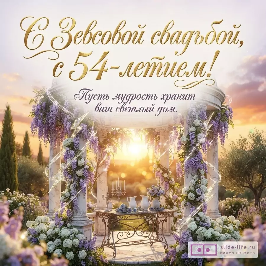 Открытка с беседкой, увитой сиреневыми и белыми цветами, на фоне заката. Текст: «С Зевсовой свадьбой, с 54-летием! Пусть мудрость хранит ваш светлый дом.»