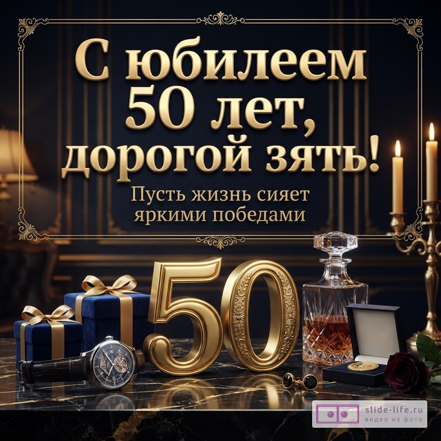 Темно-синий фон, золотая рамка, золотой текст «С юбилеем 50 лет, дорогой зять! Пусть жизнь сияет яркими победами». Золотые цифры 50, часы, две синие подарочные коробки, графин с напитком, запонки, медальон в коробке, красная роза, две свечи.