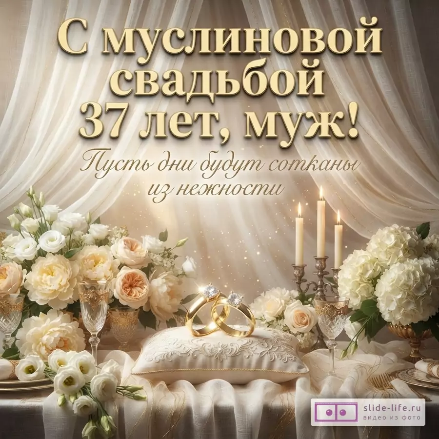 Бежевый фон, бежевые шторы, белые и кремовые цветы, свечи, золотые кольца на подушке. Текст: «С муслиновой свадьбой 37 лет, муж! Пусть дни будут сотканы из нежности»
