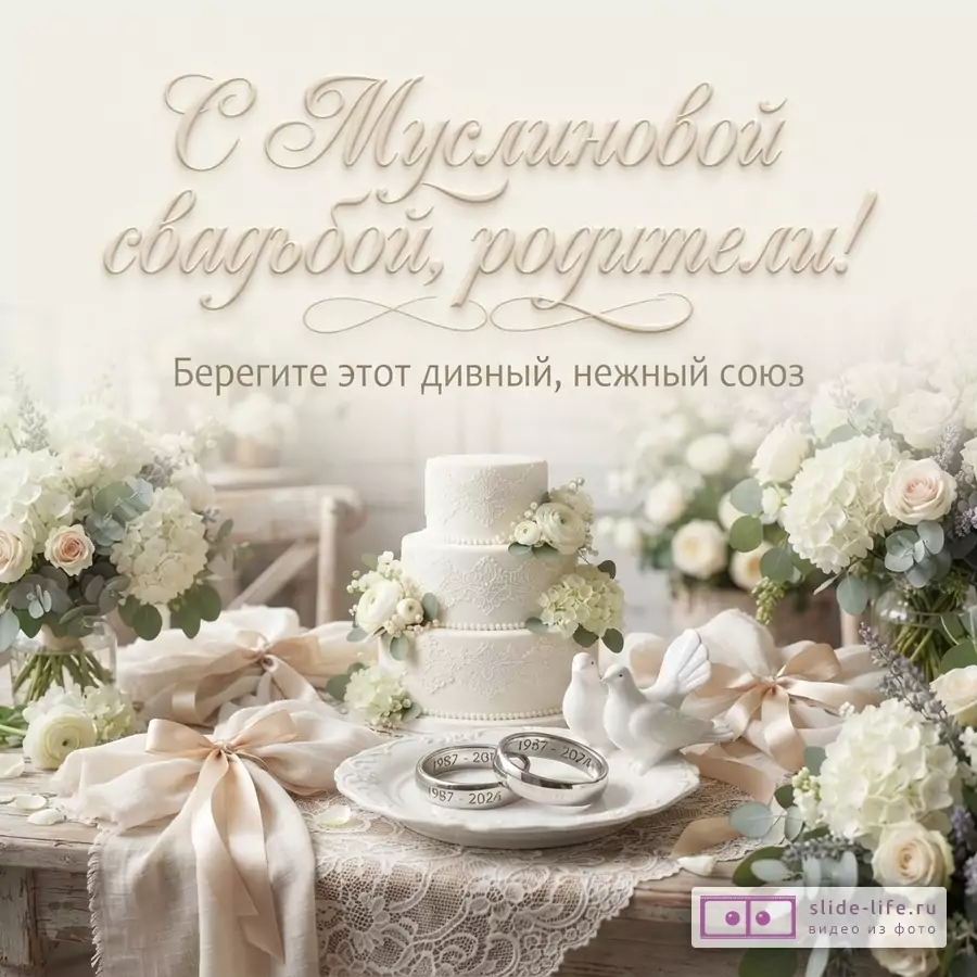 Бежевый фон, свадебный торт, цветы, кольца, голуби. Надпись «С Муслиновой свадьбой, родители! Берегите этот дивный, нежный союз»