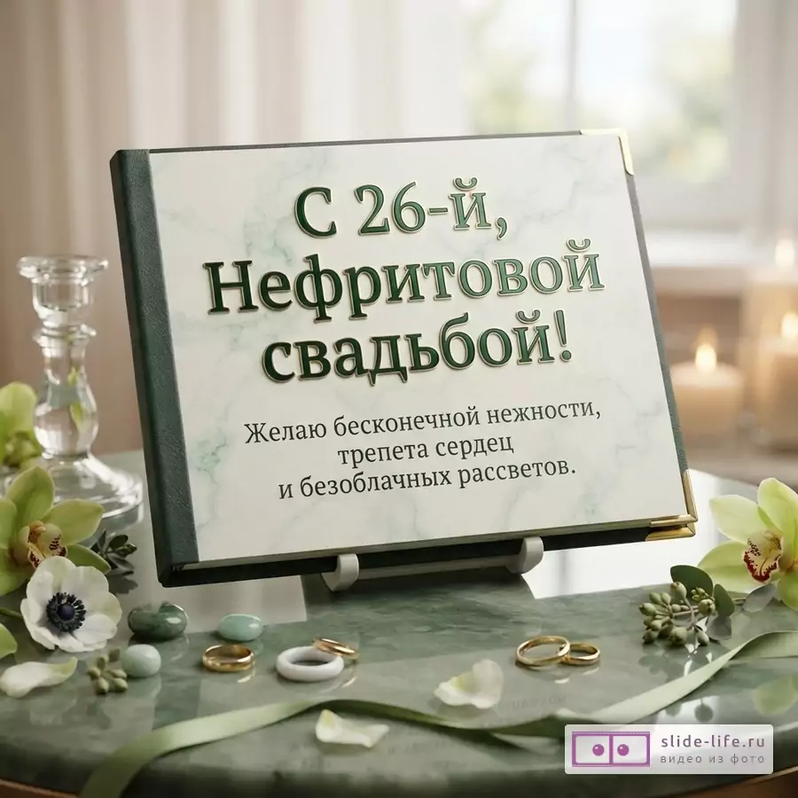 Альбом с нефритовой обложкой на столике, обручальные кольца, орхидеи и текст: «С 26-й, Нефритовой свадьбой! Желаю бесконечной нежности, трепета сердец и безоблачных рассветов.»