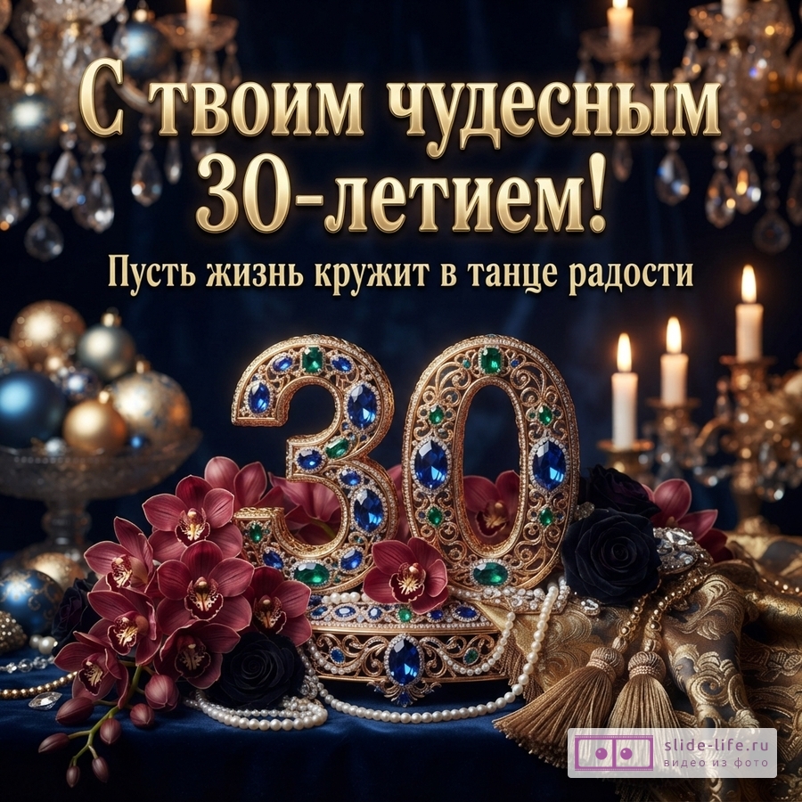 Ювелирная цифра 30 с драгоценными камнями, бордовые орхидеи, жемчуг, свечи на синем фоне и текст «С твоим чудесным 30-летием! Пусть жизнь кружит в танце радости».