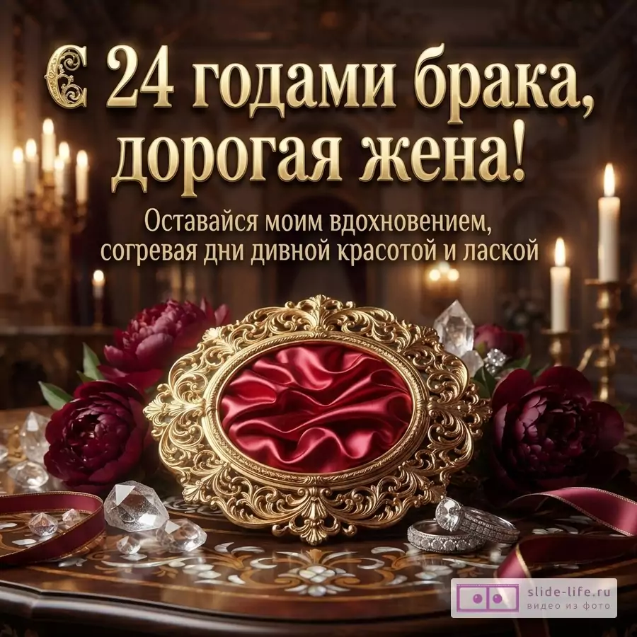 Золоченая рама с красным атласом, пионы, кольца и свечи с надписью «С 24 годами брака, дорогая жена! Оставайся моим вдохновением, согревая дни дивной красотой и лаской».