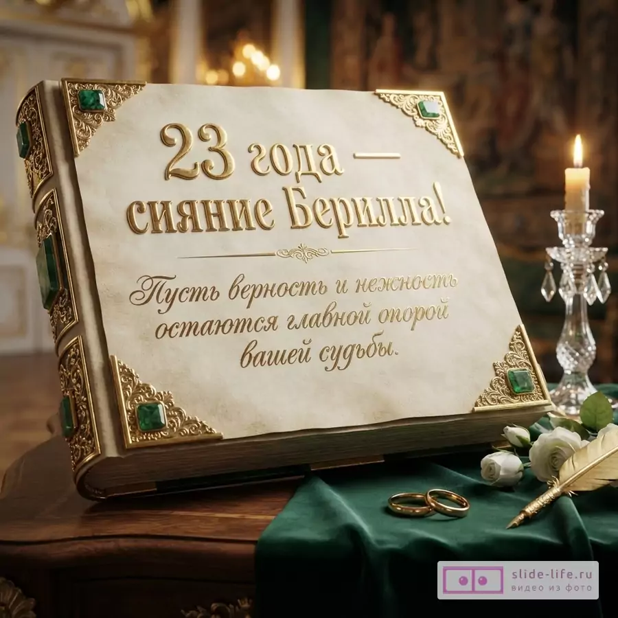 Большая старинная книга в золотом окладе с изумрудами, обручальные кольца, свеча и надпись «23 года — сияние Берилла! Пусть верность и нежность остаются главной опорой вашей судьбы.»