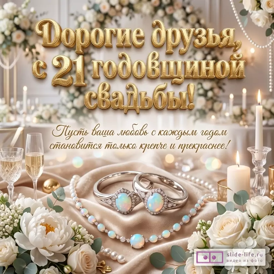 Бежево-золотистый фон, белые розы, свечи, бокалы, жемчуг, кольца с опалами и ожерелье. Текст: «Дорогие друзья, с 21 годовщиной свадьбы!» и «Пусть ваша любовь с каждым годом становится только крепче и прекраснее!»