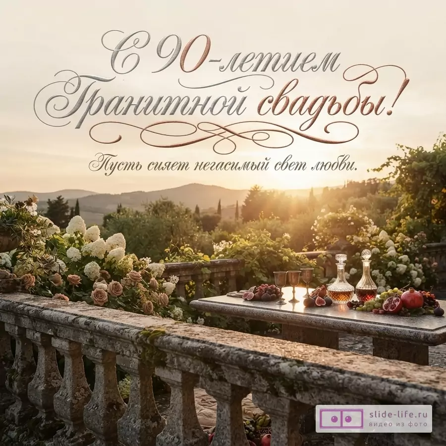 Открытка с бежевым закатным фоном, садом, каменной террасой, цветами и столом с графинами, текст «С 90-летием Гранитной свадьбы! Пусть сияет негасимый свет любви.»