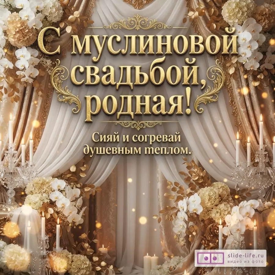 Открытка с золотистым фоном, бежевыми шторами, золотыми цветами и свечами. Текст: «С муслиновой свадьбой, родная! Пожелание: Сияй и согревай душевным теплом.»