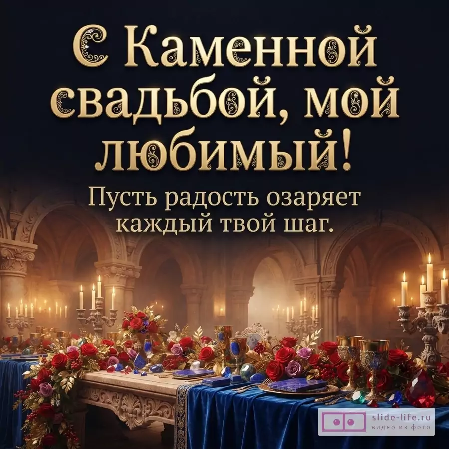 Темно-синий фон, золотые буквы, праздничный стол с синей скатертью, красными розами, свечами. Текст: «С Каменной свадьбой, мой любимый! Пусть радость озаряет каждый твой шаг.»