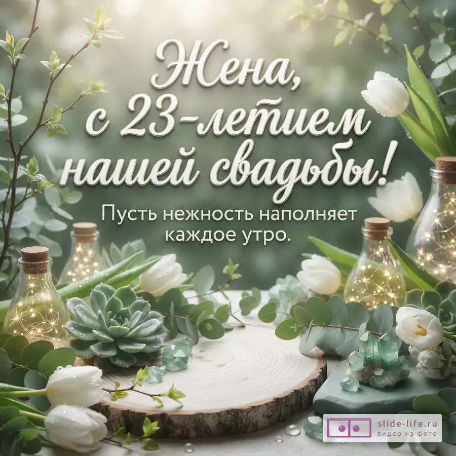 Деревянный спил с суккулентами, белые тюльпаны, бериллы и текст «Жена, с 23-летием светлой свадьбы! Пусть нежность наполняет каждое утро.»