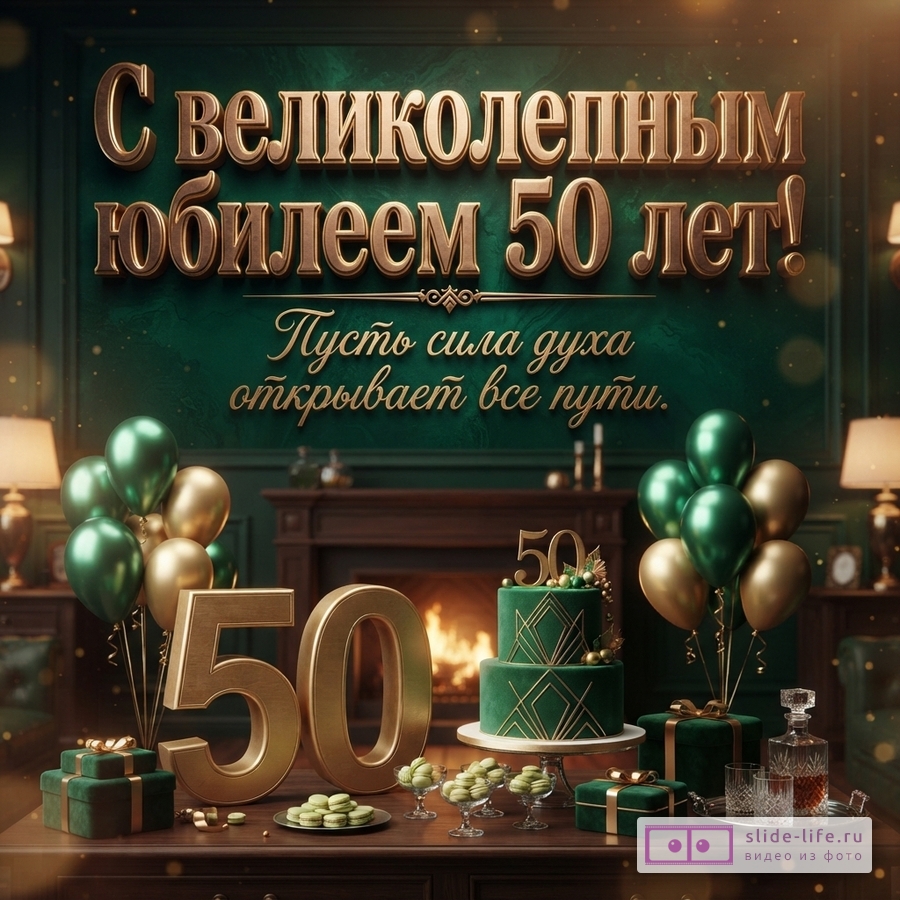 Открытка с юбилеем 50 лет на темно-зеленом фоне с золотыми буквами и элементами декора. На переднем плане золотые цифры «50», двухъярусный торт, подарки, шары и сладости. Текст: «С великолепным юбилеем 50 лет! Пусть сила духа открывает все пути.»