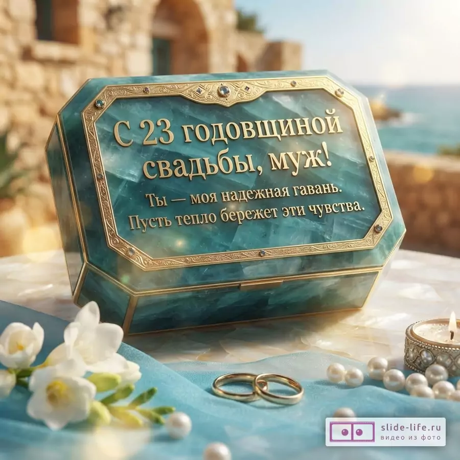 Бирюзовая шкатулка с золотой надписью «С 23 годовщиной свадьбы, муж! Ты — моя надежная гавань. Пусть тепло бережет эти чувства.» рядом с обручальными кольцами и жемчугом.