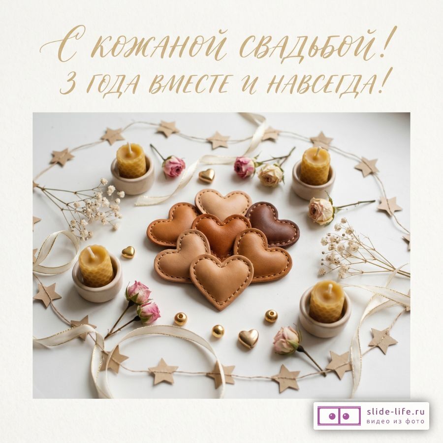 3 года брака – поздравительная открытка на кожаную свадьбу