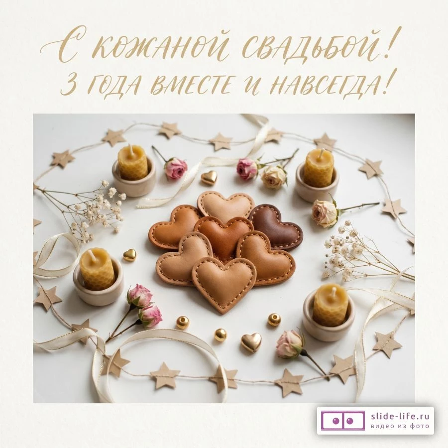 3 года брака – поздравительная открытка на кожаную свадьбу