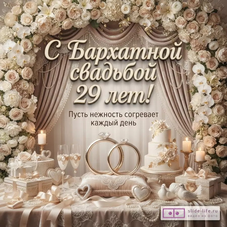 Бежевый праздничный фон с цветочной аркой, шторами, кольцами, свечами и тортом. Текст «С Бархатной свадьбой 29 лет! Пусть нежность согревает каждый день».