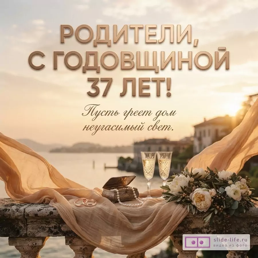 Фон с закатом над озером, на переднем плане балюстрада с бежевой тканью, двумя бокалами шампанского, шкатулкой с жемчугом, обручальными кольцами и букетом цветов. Текст «РОДИТЕЛИ, С ГОДОВЩИНОЙ 37 ЛЕТ! Пусть греет дом неугасимый свет.»