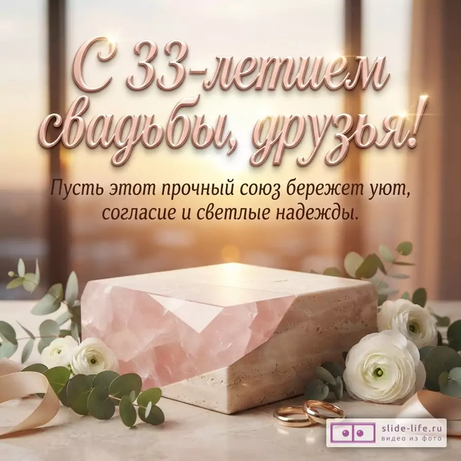 Фон размытый, закат. В центре розовый кристалл на бежевом основании, вокруг белые цветы, зеленые листья, золотая лента, два золотых кольца. Надпись «С 33-летием свадьбы, друзья! Пусть этот прочный союз бережет уют, согласие и светлые надежды.»