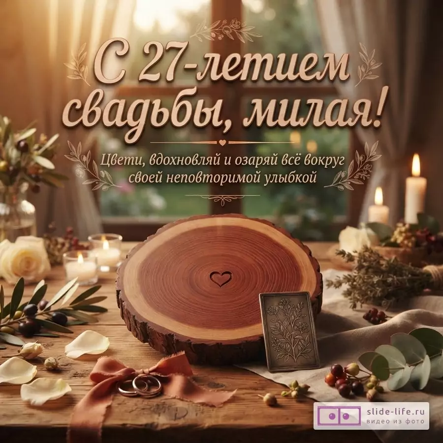 Фон коричневый, деревянный стол. Сверху надпись на деревянной табличке «С 27-летием свадьбы, милая!». Ниже текст «Цвети, вдохновляй и озаряй всё вокруг своей неповторимой улыбкой.».