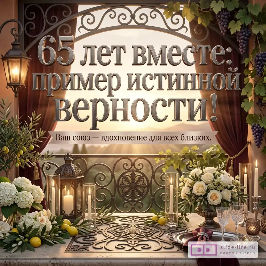 Открытка с балконом, кованой аркой, бордовыми шторами, виноградом, свечами, белыми розами и текстом «65 лет вместе: пример истинной верности! Ваш союз — вдохновение для всех близких.»