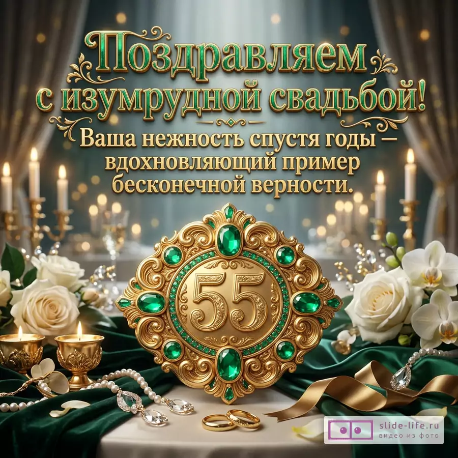 Открытка с текстом «Поздравляем с изумрудной свадьбой! Ваша нежность спустя годы — вдохновляющий пример бесконечной верности.» зеленый и золотой фон, свечи, белые розы, орхидеи, кольца, жемчуг, медальон «55» с изумрудами