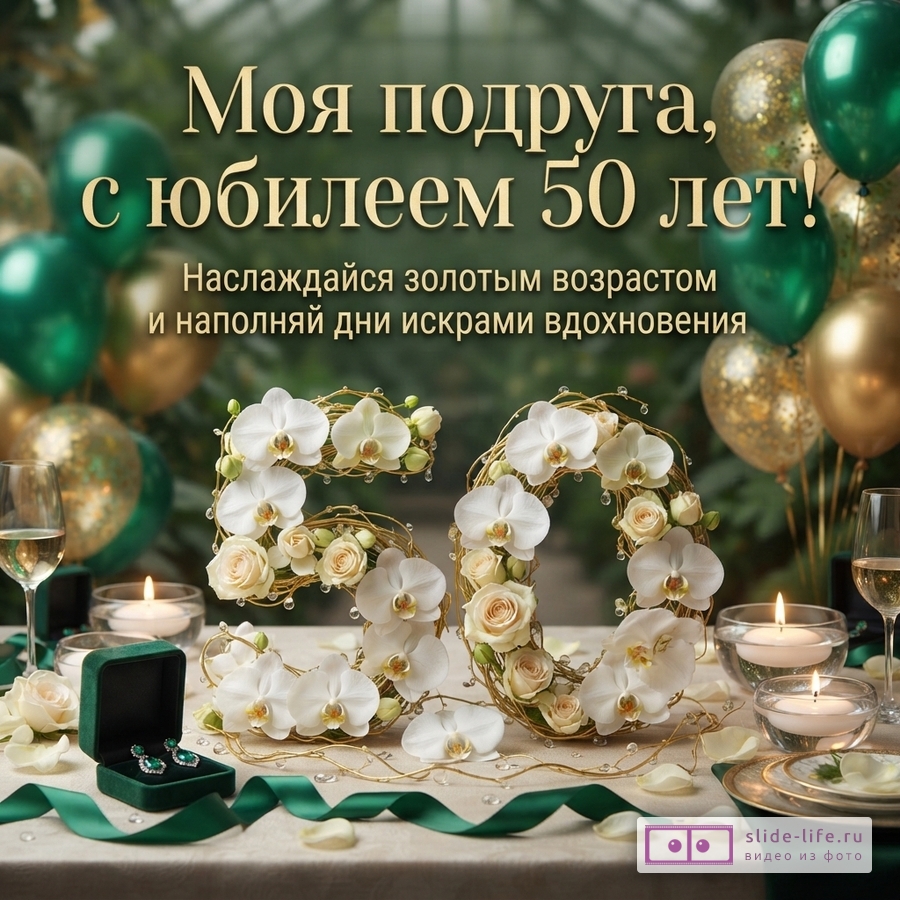 Стол с белой скатертью, зелеными лентами, свечами, бокалами с шампанским. На столе цифры «50» из цветов орхидей и роз. На заднем плане зеленые и золотые воздушные шары. Текст: «Моя подруга, с юбилеем 50 лет! Наслаждайся золотым возрастом и наполняй дни искрами вдохновения»