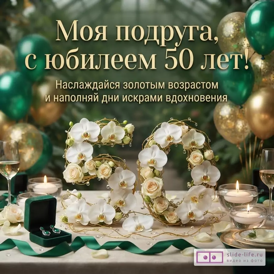 Стол с белой скатертью, зелеными лентами, свечами, бокалами с шампанским. На столе цифры «50» из цветов орхидей и роз. На заднем плане зеленые и золотые воздушные шары. Текст: «Моя подруга, с юбилеем 50 лет! Наслаждайся золотым возрастом и наполняй дни искрами вдохновения»