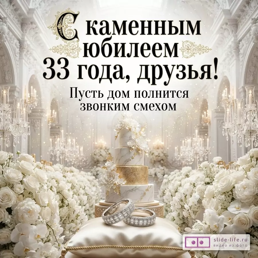 Белый фон, свадебный торт, обручальные кольца. Текст: «С каменным юбилеем 33 года, друзья! Пусть дом полнится звонким смехом»