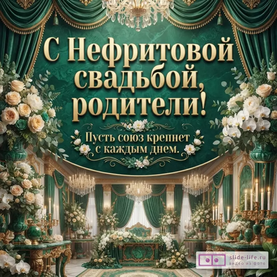 Изумрудный зал с хрустальными люстрами, драпировками и цветами, надпись: «С Нефритовой свадьбой, родители! Пусть союз крепнет с каждым днем.»