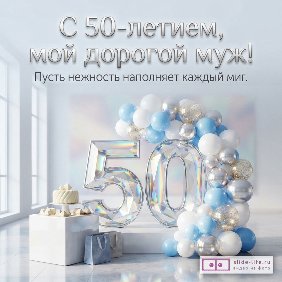 Светлый фон, большие серебристые цифры «50», арка из белых, голубых и серебристых шаров, торт, подарочные пакеты. Текст: «С 50-летием, мой дорогой муж! Пусть нежность наполняет каждый миг.»